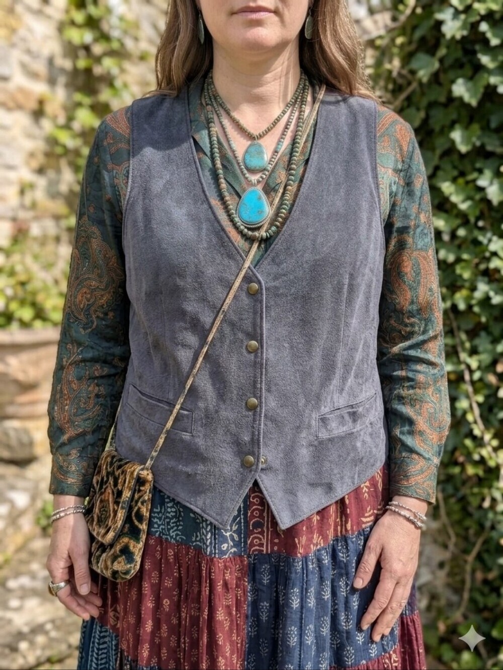 Vintage 90s Navy Suede Vest Medium Western Boho Snap Front Grunge Artsy Festival
